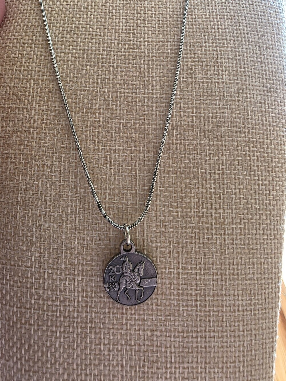 Vintage 1993 Czech Real Double Sided Coin Pendant Necklace - Silver